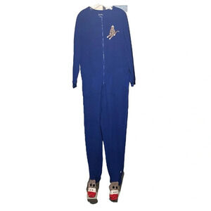 Nick & Nora Sock Monkey Footed Pjs Pajamas M Sleepwear Royal Blue Fleece Pocket